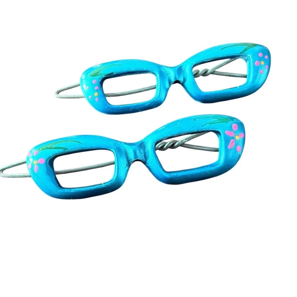 Vintage Cateye Glasses Barrettes‎ Hair Clips, Hand Painted Blue, Deadstock, 2”